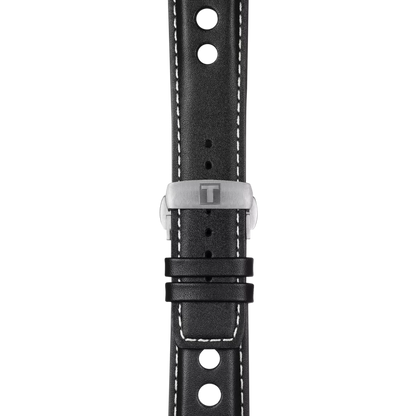 Black leather watch strap with white stitching and stainless steel buckle
