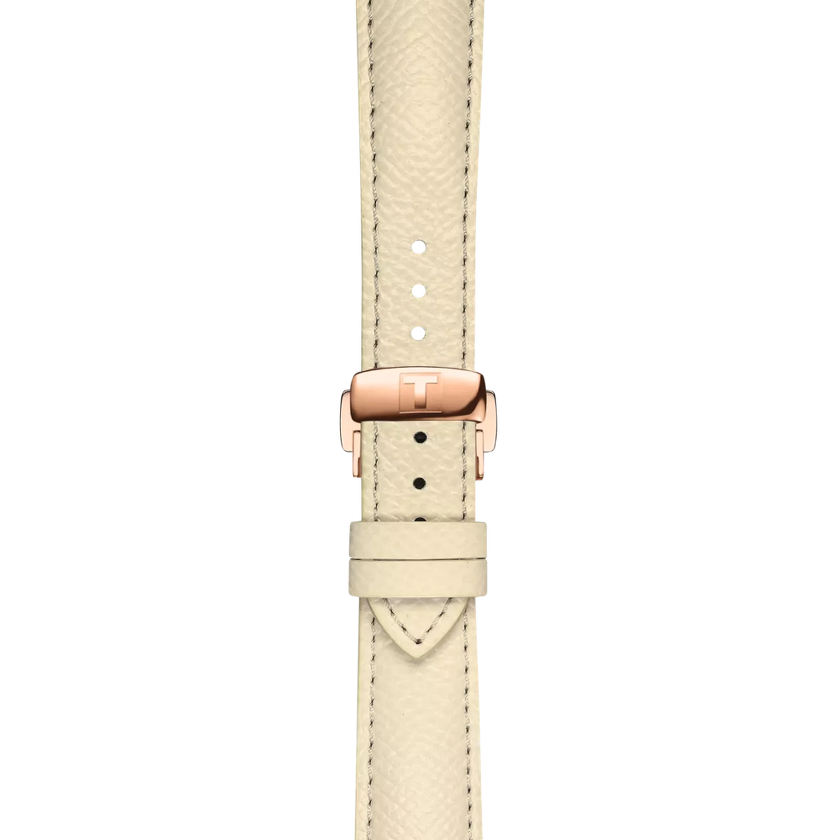 Beige nahkainen kellon ranneke, jossa ruusukultainen lukko ja kuvioitu tikkausyksityiskohta