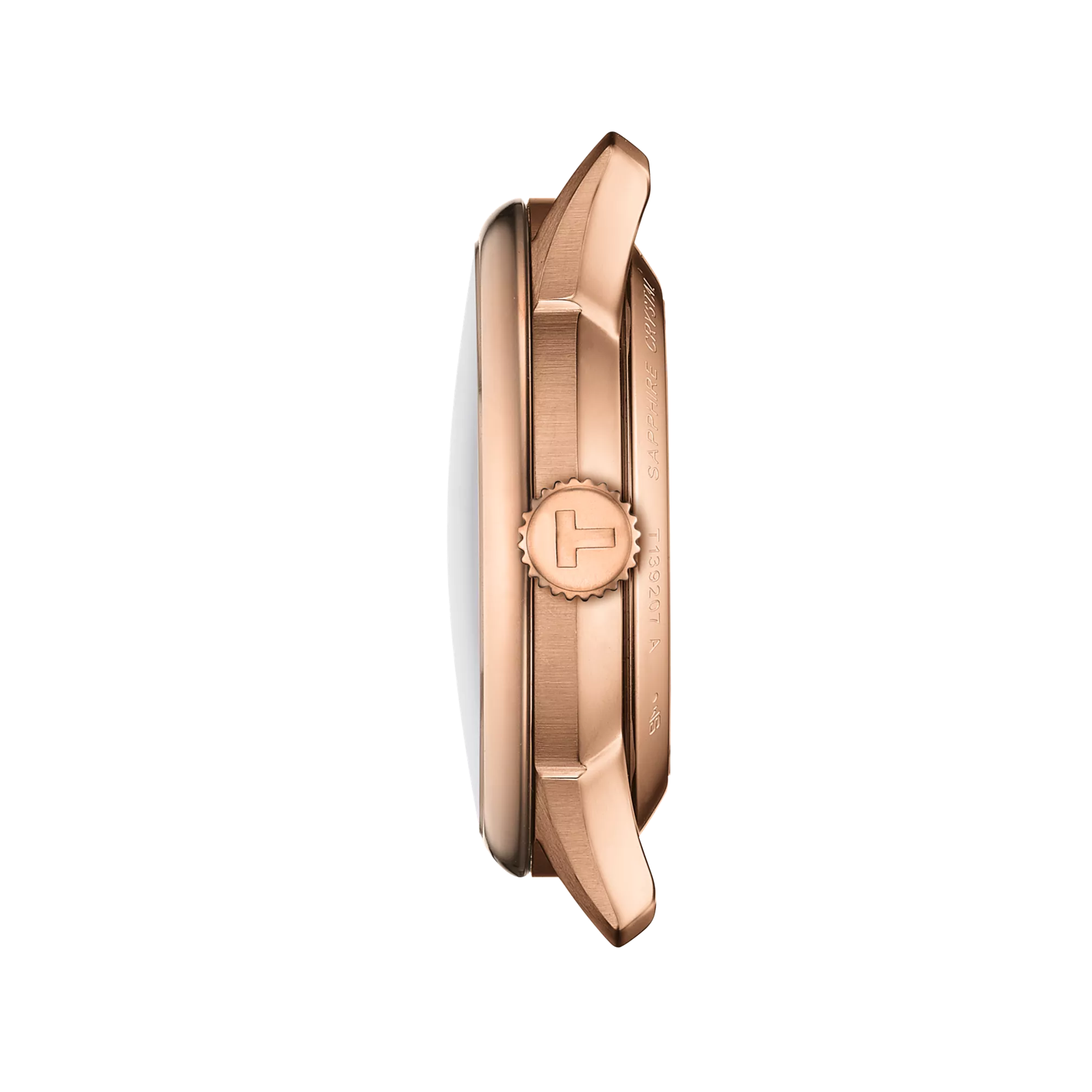 Ruusukultainen rannekellon sivuprofiili kruunulla ja korvakkeilla, ylellinen kellosuunnittelu.