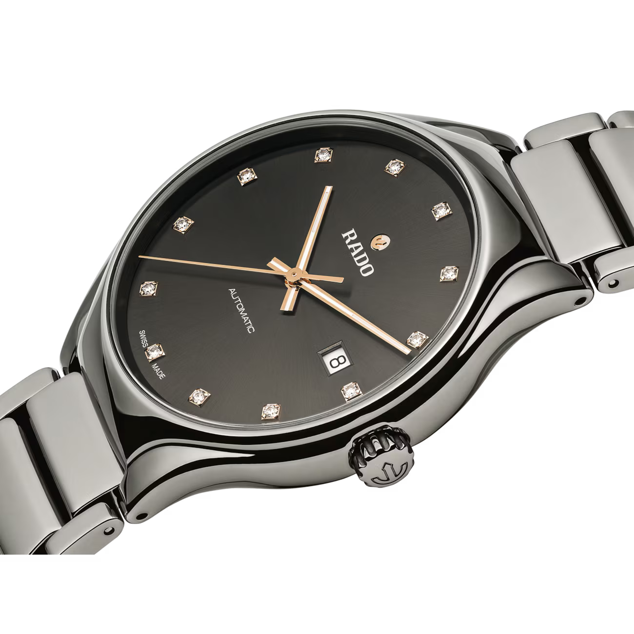 Luxe automatisch polshorloge met zwarte wijzerplaat, diamanten uurmarkeringen en roestvrijstalen band
