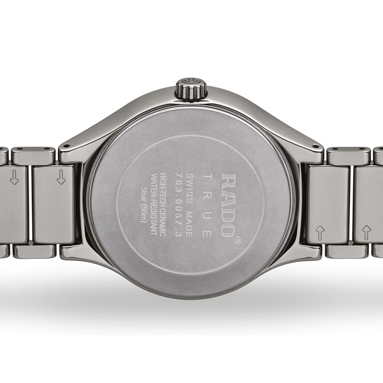 Roestvrijstalen achterkant van een Rado True Swiss Made keramisch horloge met metalen armband