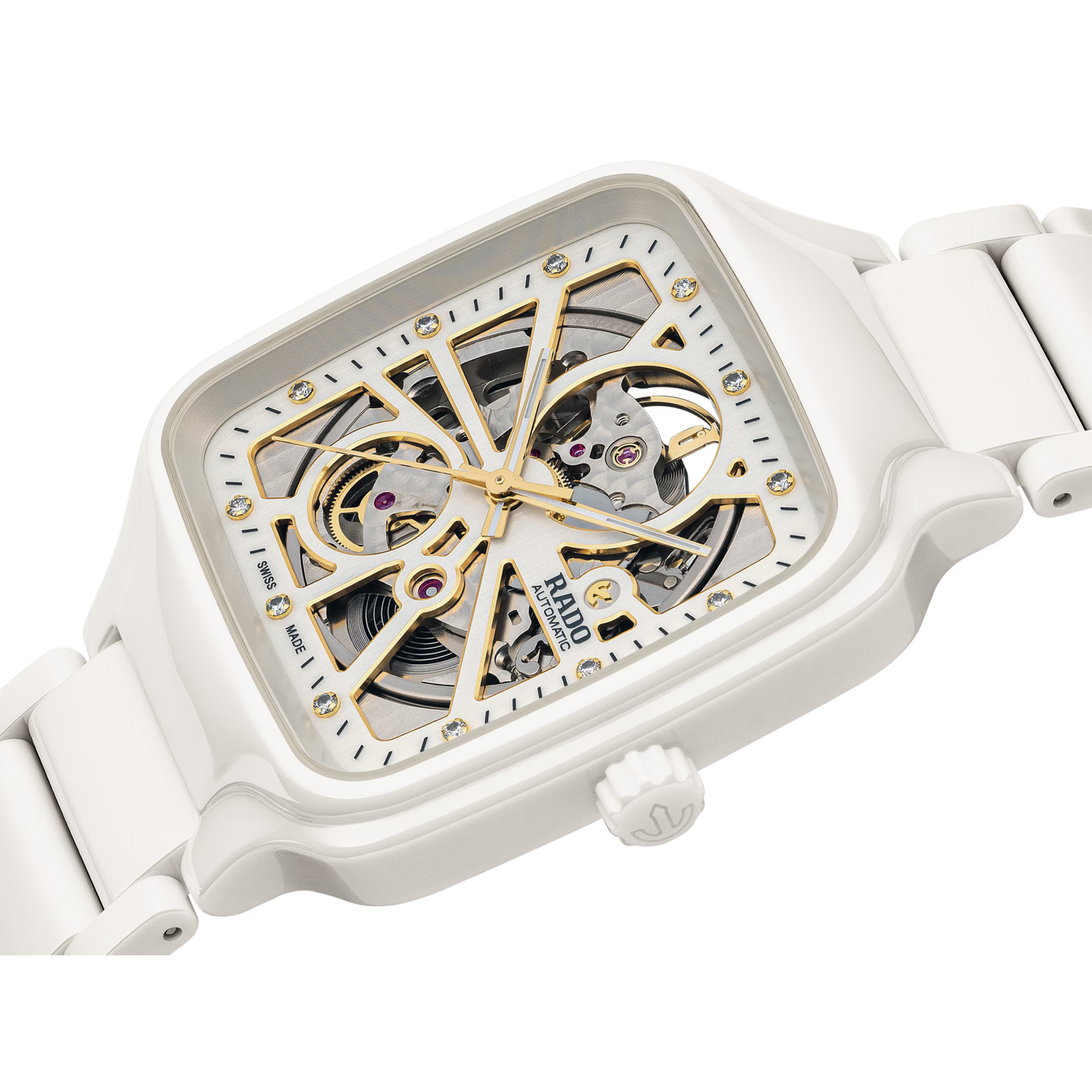 White square skeleton watch with gold accents and visible automatic movement