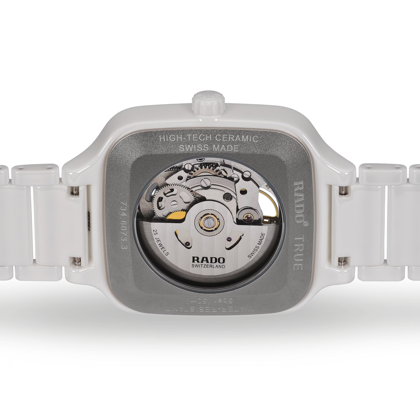 White ceramic Swiss automatic watch back with exposed movement and metal caseback