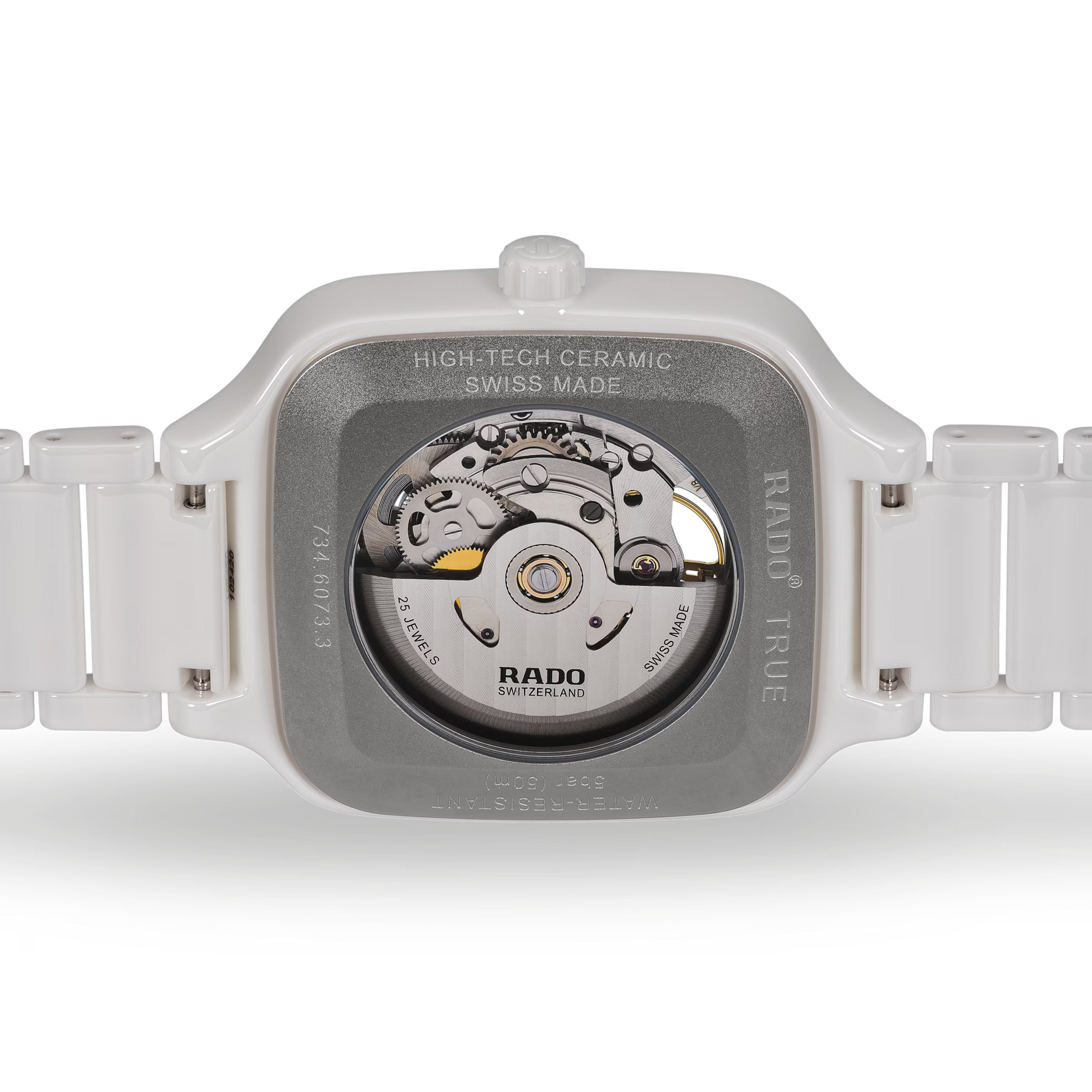 White ceramic Swiss automatic watch back with exposed movement and metal caseback